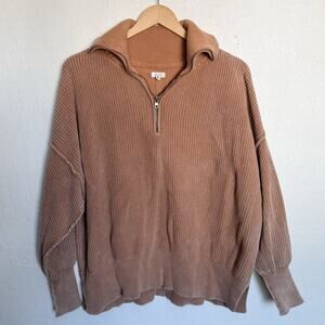 Aerie Sweater Small Quarter Zip Faded Tan Knit Long Sleeve Cotton